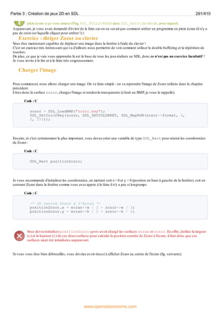 plein écran si ça vous amuse (Flag SDL_FULLSCREEN dans SDL_SetVideoMode, pour rappel).
Auparavant, je vous avais demandé d'éviter de le faire car on ne savait pas comment arrêter un programme en plein écran (il n'y a
pas de croixsur laquelle cliquer pour arrêter !).}
Exercice : diriger Zozor au clavier
V
ous êtes maintenant capables de déplacer une image dans la fenêtre à l'aide du clavier !
C'est un exercice très intéressant qui va d'ailleurs nous permettre de voir comment utiliser le double buffering et la répétition de
touches.
De plus, ce que je vais vous apprendre là est la base de tous les jeuxréalisés en SDL, donc ce n'est pas un exercice facultatif !
Je vous invite à le lire et à le faire très soigneusement.
Charger l'image
Pour commencer, nous allons charger une image. On va faire simple : on va reprendre l'image de Zozor utilisée dans le chapitre
précédent.
Créez donc la surface zozor, chargez l'image et rendez-la transparente (c'était un BMP, je vous le rappelle).
Code : C
zozor = SDL_LoadBMP("zozor.bmp");
SDL_SetColorKey(zozor, SDL_SRCCOLORKEY, SDL_MapRGB(zozor->format, 0,
0, 255));
Ensuite, et c'est certainement le plus important, vous devez créer une variable de type SDL_Rect pour retenir les coordonnées
de Zozor :
Code : C
SDL_Rect positionZozor;
Je vous recommande d'initialiser les coordonnées, en mettant soit x= 0 et y = 0 (position en haut à gauche de la fenêtre), soit en
centrant Zozor dans la fenêtre comme vous avez appris à le faire il n'y a pas si longtemps.
Code : C
/* On centre Zozor à l'écran */
positionZozor.x = ecran->w / 2 - zozor->w / 2;
positionZozor.y = ecran->h / 2 - zozor->h / 2;
V
ous devez initialiser positionZozor après avoir chargé les surfaces ecran et zozor. En effet, j'utilise la largeur
(w) et la hauteur (h) de ces deuxsurfaces pour calculer la position centrée de Zozor à l'écran, il faut donc que ces
surfaces aient été initialisées auparavant.
Si vous vous êtes bien débrouillés, vous devriez avoir réussi à afficher Zozor au centre de l'écran (fig. suivante).
Partie 3 : Création de jeux 2D en SDL 291/410
www.openclassrooms.com
 