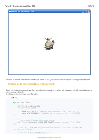 J'ai choisi de mettre le fond en blanc cette fois (en faisant un SDL_FillRect sur ecran), mais ce n'est pas une obligation.
Schéma de la programmation événementielle
Quand vous codez un programme qui réagit auxévénements (comme on va le faire ici), vous devez suivre la plupart du temps le
même « schéma » de code.
Ce schéma est à connaître par cœur. Le voici :
Code : C
while (continuer)
{
SDL_WaitEvent(&event);
switch(event.type)
{
case SDL_TRUC: /* Gestion des événements de type TRUC */
case SDL_BIDULE: /* Gestion des événements de type BIDULE
*/
}
/* On efface l'écran (ici fond blanc) : */
SDL_FillRect(ecran, NULL, SDL_MapRGB(ecran->format, 255, 255,
255));
/* On fait tous les SDL_BlitSurface nécessaires pour coller les
surfaces à l'écran */
/* On met à jour l'affichage : */
Partie 3 : Création de jeux 2D en SDL 292/410
www.openclassrooms.com
 