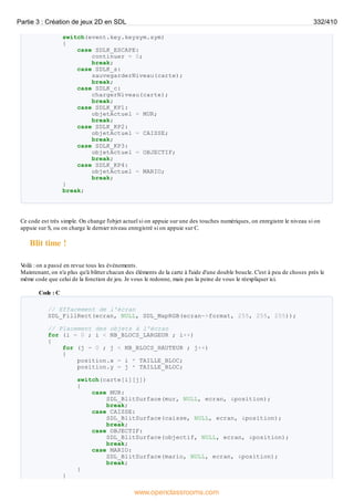 switch(event.key.keysym.sym)
{
case SDLK_ESCAPE:
continuer = 0;
break;
case SDLK_s:
sauvegarderNiveau(carte);
break;
case SDLK_c:
chargerNiveau(carte);
break;
case SDLK_KP1:
objetActuel = MUR;
break;
case SDLK_KP2:
objetActuel = CAISSE;
break;
case SDLK_KP3:
objetActuel = OBJECTIF;
break;
case SDLK_KP4:
objetActuel = MARIO;
break;
}
break;
Ce code est très simple. On change l'objet actuel si on appuie sur une des touches numériques, on enregistre le niveau si on
appuie sur S, ou on charge le dernier niveau enregistré si on appuie sur C.
Blit time !
V
oilà : on a passé en revue tous les événements.
Maintenant, on n'a plus qu'à blitter chacun des éléments de la carte à l'aide d'une double boucle. C'est à peu de choses près le
même code que celui de la fonction de jeu. Je vous le redonne, mais pas la peine de vous le réexpliquer ici.
Code : C
// Effacement de l'écran
SDL_FillRect(ecran, NULL, SDL_MapRGB(ecran->format, 255, 255, 255));
// Placement des objets à l'écran
for (i = 0 ; i < NB_BLOCS_LARGEUR ; i++)
{
for (j = 0 ; j < NB_BLOCS_HAUTEUR ; j++)
{
position.x = i * TAILLE_BLOC;
position.y = j * TAILLE_BLOC;
switch(carte[i][j])
{
case MUR:
SDL_BlitSurface(mur, NULL, ecran, &position);
break;
case CAISSE:
SDL_BlitSurface(caisse, NULL, ecran, &position);
break;
case OBJECTIF:
SDL_BlitSurface(objectif, NULL, ecran, &position);
break;
case MARIO:
SDL_BlitSurface(mario, NULL, ecran, &position);
break;
}
}
Partie 3 : Création de jeux 2D en SDL 332/410
www.openclassrooms.com
 