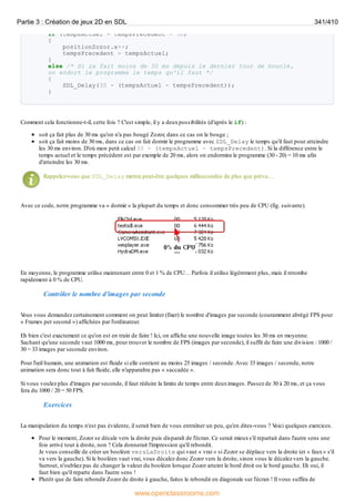 if (tempsActuel - tempsPrecedent > 30)
{
positionZozor.x++;
tempsPrecedent = tempsActuel;
}
else /* Si ça fait moins de 30 ms depuis le dernier tour de boucle,
on endort le programme le temps qu'il faut */
{
SDL_Delay(30 - (tempsActuel - tempsPrecedent));
}
Comment cela fonctionne-t-il, cette fois ? C'est simple, il y a deuxpossibilités (d'après le if) :
soit ça fait plus de 30 ms qu'on n'a pas bougé Zozor, dans ce cas on le bouge ;
soit ça fait moins de 30 ms, dans ce cas on fait dormir le programme avec SDL_Delay le temps qu'il faut pour atteindre
les 30 ms environ. D'où mon petit calcul 30 - (tempsActuel - tempsPrecedent). Si la différence entre le
temps actuel et le temps précédent est par exemple de 20 ms, alors on endormira le programme (30 - 20) = 10 ms afin
d'atteindre les 30 ms.
Rappelez-vous que SDL_Delay mettra peut-être quelques millisecondes de plus que prévu…
Avec ce code, notre programme va « dormir » la plupart du temps et donc consommer très peu de CPU (fig. suivante).
En moyenne, le programme utilise maintenant entre 0 et 1 % de CPU… Parfois il utilise légèrement plus, mais il retombe
rapidement à 0 % de CPU.
Contrôler le nombre d'images par seconde
V
ous vous demandez certainement comment on peut limiter (fixer) le nombre d'images par seconde (couramment abrégé FPS pour
« Frames per second ») affichées par l'ordinateur.
Eh bien c'est exactement ce qu'on est en train de faire ! Ici, on affiche une nouvelle image toutes les 30 ms en moyenne.
Sachant qu'une seconde vaut 1000 ms, pour trouver le nombre de FPS (images par seconde), il suffit de faire une division : 1000 /
30 = 33 images par seconde environ.
Pour l'œil humain, une animation est fluide si elle contient au moins 25 images / seconde.Avec 33 images / seconde, notre
animation sera donc tout à fait fluide, elle n'apparaîtra pas « saccadée ».
Si vous voulez plus d'images par seconde, il faut réduire la limite de temps entre deuximages. Passez de 30 à 20 ms, et ça vous
fera du 1000 / 20 = 50 FPS.
Exercices
La manipulation du temps n'est pas évidente, il serait bien de vous entraîner un peu, qu'en dites-vous ? V
oici quelques exercices.
Pour le moment, Zozor se décale vers la droite puis disparaît de l'écran. Ce serait mieuxs'il repartait dans l'autre sens une
fois arrivé tout à droite, non ? Cela donnerait l'impression qu'il rebondit.
Je vous conseille de créer un booléen versLaDroite qui vaut « vrai » si Zozor se déplace vers la droite (et « faux» s'il
va vers la gauche). Si le booléen vaut vrai, vous décalez donc Zozor vers la droite, sinon vous le décalez vers la gauche.
Surtout, n'oubliez pas de changer la valeur du booléen lorsque Zozor atteint le bord droit ou le bord gauche. Eh oui, il
faut bien qu'il reparte dans l'autre sens !
Plutôt que de faire rebondir Zozor de droite à gauche, faites le rebondir en diagonale sur l'écran ! Il vous suffira de
Partie 3 : Création de jeux 2D en SDL 341/410
www.openclassrooms.com
 