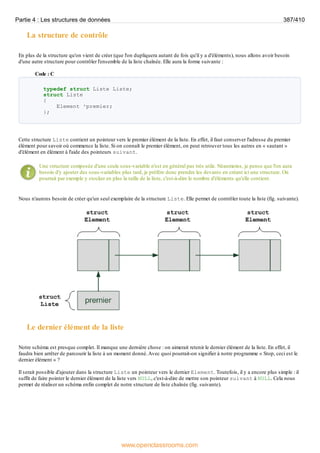 La structure de contrôle
En plus de la structure qu'on vient de créer (que l'on dupliquera autant de fois qu'il y a d'éléments), nous allons avoir besoin
d'une autre structure pour contrôler l'ensemble de la liste chaînée. Elle aura la forme suivante :
Code : C
typedef struct Liste Liste;
struct Liste
{
Element *premier;
};
Cette structure Liste contient un pointeur vers le premier élément de la liste. En effet, il faut conserver l'adresse du premier
élément pour savoir où commence la liste. Si on connaît le premier élément, on peut retrouver tous les autres en « sautant »
d'élément en élément à l'aide des pointeurs suivant.
Une structure composée d'une seule sous-variable n'est en général pas très utile. Néanmoins, je pense que l'on aura
besoin d'y ajouter des sous-variables plus tard, je préfère donc prendre les devants en créant ici une structure. On
pourrait par exemple y stocker en plus la taille de la liste, c'est-à-dire le nombre d'éléments qu'elle contient.
Nous n'aurons besoin de créer qu'un seul exemplaire de la structure Liste. Elle permet de contrôler toute la liste (fig. suivante).
Le dernier élément de la liste
Notre schéma est presque complet. Il manque une dernière chose : on aimerait retenir le dernier élément de la liste. En effet, il
faudra bien arrêter de parcourir la liste à un moment donné.Avec quoi pourrait-on signifier à notre programme « Stop, ceci est le
dernier élément » ?
Il serait possible d'ajouter dans la structure Liste un pointeur vers le dernier Element. Toutefois, il y a encore plus simple : il
suffit de faire pointer le dernier élément de la liste vers NULL, c'est-à-dire de mettre son pointeur suivant à NULL. Cela nous
permet de réaliser un schéma enfin complet de notre structure de liste chaînée (fig. suivante).
Partie 4 : Les structures de données 387/410
www.openclassrooms.com
 
