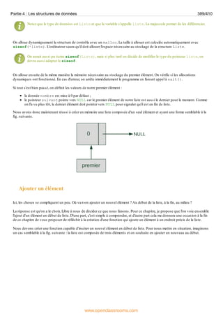 Notez que le type de données est Liste et que la variable s'appelle liste. La majuscule permet de les différencier.
On alloue dynamiquement la structure de contrôle avec un malloc. La taille à allouer est calculée automatiquement avec
sizeof(*liste). L'ordinateur saura qu'il doit allouer l'espace nécessaire au stockage de la structure Liste.
On aurait aussi pu écrire sizeof(Liste), mais si plus tard on décide de modifier le type du pointeur liste, on
devra aussi adapter le sizeof.
On alloue ensuite de la même manière la mémoire nécessaire au stockage du premier élément. On vérifie si les allocations
dynamiques ont fonctionné. En cas d'erreur, on arrête immédiatement le programme en faisant appel à exit().
Si tout s'est bien passé, on définit les valeurs de notre premier élément :
la donnée nombre est mise à 0 par défaut ;
le pointeur suivant pointe vers NULL car le premier élément de notre liste est aussi le dernier pour le moment. Comme
on l'a vu plus tôt, le dernier élément doit pointer vers NULL pour signaler qu'il est en fin de liste.
Nous avons donc maintenant réussi à créer en mémoire une liste composée d'un seul élément et ayant une forme semblable à la
fig. suivante.
Ajouter un élément
Ici, les choses se compliquent un peu. Où va-t-on ajouter un nouvel élément ? Au début de la liste, à la fin, au milieu ?
La réponse est qu'on a le choix. Libre à nous de décider ce que nous faisons. Pour ce chapitre, je propose que l'on voie ensemble
l'ajout d'un élément en début de liste. D'une part, c'est simple à comprendre, et d'autre part cela me donnera une occasion à la fin
de ce chapitre de vous proposer de réfléchir à la création d'une fonction qui ajoute un élément à un endroit précis de la liste.
Nous devons créer une fonction capable d'insérer un nouvel élément en début de liste. Pour nous mettre en situation, imaginons
un cas semblable à la fig. suivante : la liste est composée de trois éléments et on souhaite en ajouter un nouveau au début.
Partie 4 : Les structures de données 389/410
www.openclassrooms.com
 