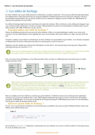 Les tables de hachage
Les listes chaînées ont un gros défaut lorsqu'on souhaite lire ce qu'elles contiennent : il n'est pas possible d'accéder directement
à un élément précis. Il faut parcourir la liste en avançant d'élément en élément jusqu'à trouver celui qu'on recherche. Cela pose
des problèmes de performance dès que la liste chaînée devient volumineuse. Imaginez une liste chaînée de 1 000 éléments où
celui que l'on recherche est tout à la fin !
Les tables de hachage représentent une autre façon de stocker des données. Elles sont basées sur les tableauxdu langage C que
vous connaissez bien, dorénavant. Leur gros avantage ? Elles permettent de retrouver instantanément un élément précis, que la
table contienne 100, 1 000, 10 000 cases ou plus encore !
Pourquoi utiliser une table de hachage ?
Partons du problème que peuvent nous poser les listes chaînées. Celles-ci sont particulièrement souples, nous avons pu le
constater : il est possible d'ajouter ou de supprimer des cases à tout moment, alors qu'un tableau est « figé » une fois qu'il a été
créé.
Toutefois, comme je vous le disais en introduction, les listes chaînées ont quand même un gros défaut : si on cherche à récupérer
un élément précis de la liste, il faut parcourir celle-ci en entier jusqu'à ce qu'on le retrouve !
Imaginons une liste chaînée qui contienne des informations sur des élèves : leur nom, leur âge et leur moyenne. Chaque élève
sera représenté par une structure Eleve
Nous avons travaillé auparavant sur des listes chaînées qui contenaient des int. Comme je vous l'ai dit, il est possible
de stocker ce qu'on veut dans une liste, même un pointeur vers une structure comme je le propose ici.
Si je veuxretrouver les informations sur Luc Doncieuxdans la fig. suivante, il va falloir parcourir toute la liste pour se rendre
compte qu'il était à la fin !
Bien entendu, si on avait cherché Julien Lefebvre, cela aurait été beaucoup plus rapide puisqu'il est au début de la liste.
Néanmoins, pour évaluer l'efficacité d'un algorithme, on doit toujours envisager le pire des cas. Et le pire, c'est Luc.
Ici, on dit que l'algorithme de recherche d'un élément a une complexité en , car il faut parcourir toute la liste
chaînée pour retrouver un élément donné, dans le pire des cas où celui-ci est à la fin. Si la liste contient 9 éléments, il
faudra 9 itérations au maximum pour retrouver un élément.
Dans cet exemple, notre liste chaînée ne contient que quatre éléments. L'ordinateur retrouvera Luc Doncieuxtrès rapidement
avant que vous n'ayez eu le temps de dire « ouf ». Mais imaginez maintenant que celui-ci se trouve à la fin d'une liste chaînée
contenant 10 000 éléments ! Ce n'est pas acceptable de devoir parcourir jusqu'à 10 000 éléments pour retrouver une information.
C'est là que les tables de hachage entrent en jeu.
Qu'est-ce qu'une table de hachage ?
Si vous vous souvenez bien, les tableauxne connaissaient pas ce problème.Ainsi, pour accéder à l'élément d'indice 2 dans mon
tableau, il me suffisait d'écrire ceci :
Code : C
int tableau[4] = {12, 7, 14, 33};
printf("%d", tableau[2]);
Si on lui donne tableau[2], l'ordinateur va directement à la case mémoire où se trouve stocké le nombre 14. Il ne parcourt pas
les cases du tableau une à une.
Partie 4 : Les structures de données 404/410
www.openclassrooms.com
 
