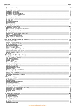 199
Déroulement d'une partie ........................................................................................................................................................................................
202
Dictionnaire de mots ...............................................................................................................................................................................................
204
La solution (1 : le code du jeu) ................................................................................................................................................................................
204
Analyse de la fonction main ....................................................................................................................................................................................
207
Analyse de la fonction gagne ..................................................................................................................................................................................
207
Analyse de la fonction rechercheLettre ...................................................................................................................................................................
208
La solution (2 : la gestion du dictionnaire) ...............................................................................................................................................................
209
Préparation des nouveaux fichiers ..........................................................................................................................................................................
209
La fonction piocherMot ............................................................................................................................................................................................
211
La fonction nombreAleatoire ....................................................................................................................................................................................
212
Le fichier dico.h .......................................................................................................................................................................................................
212
Le fichier dico.c .......................................................................................................................................................................................................
213
Il va falloir modifier le main ! ....................................................................................................................................................................................
217
Idées d'amélioration ................................................................................................................................................................................................
217
Télécharger le projet ...............................................................................................................................................................................................
217
Améliorez le Pendu ! ...............................................................................................................................................................................................
218
La saisie de texte sécurisée ..........................................................................................................................................
219
Les limites de la fonction scanf ...............................................................................................................................................................................
219
Entrer une chaîne de caractères avec des espaces ...............................................................................................................................................
220
Entrer une chaîne de caractères trop longue ..........................................................................................................................................................
221
Récupérer une chaîne de caractères ......................................................................................................................................................................
221
La fonction fgets ......................................................................................................................................................................................................
222
Créer sa propre fonction de saisie utilisant fgets ....................................................................................................................................................
227
Convertir la chaîne en nombre ................................................................................................................................................................................
227
strtol : convertir une chaîne en long ........................................................................................................................................................................
229
strtod : convertir une chaîne en double ...................................................................................................................................................................
229
En résumé ...............................................................................................................................................................................................................
230
Partie 3 : Création de jeux 2D en SDL ............................................................................................
231
Installation de la SDL ....................................................................................................................................................
231
Pourquoi avoir choisi la SDL ? ................................................................................................................................................................................
231
Choisir une bibliothèque : pas facile ! .....................................................................................................................................................................
231
La SDL est un bon choix ! .......................................................................................................................................................................................
232
Les possibilités offertes par la SDL .........................................................................................................................................................................
233
Téléchargement de la SDL ......................................................................................................................................................................................
234
Créer un projet SDL : Windows ...............................................................................................................................................................................
234
Création d'un projet SDL sous Code::Blocks ..........................................................................................................................................................
238
Création d'un projet SDL sous Visual C++ ..............................................................................................................................................................
240
Créer un projet SDL : Mac OS (Xcode) ...................................................................................................................................................................
244
Créer un projet SDL : Linux .....................................................................................................................................................................................
245
En résumé ...............................................................................................................................................................................................................
246
Création d'une fenêtre et de surfaces ...........................................................................................................................
246
Charger et arrêter la SDL ........................................................................................................................................................................................
246
SDL_Init : chargement de la SDL ............................................................................................................................................................................
247
SDL_Quit : arrêt de la SDL ......................................................................................................................................................................................
248
Canevas de programme SDL ..................................................................................................................................................................................
248
Gérer les erreurs .....................................................................................................................................................................................................
249
Ouverture d'une fenêtre ..........................................................................................................................................................................................
250
Choix du mode vidéo ..............................................................................................................................................................................................
251
Mettre en pause le programme ...............................................................................................................................................................................
253
Changer le titre de la fenêtre ...................................................................................................................................................................................
255
Manipulation des surfaces .......................................................................................................................................................................................
255
Votre première surface : l'écran ..............................................................................................................................................................................
257
Colorer une surface .................................................................................................................................................................................................
261
Dessiner une nouvelle surface à l'écran .................................................................................................................................................................
265
Centrer la surface à l'écran .....................................................................................................................................................................................
266
Exercice : créer un dégradé ....................................................................................................................................................................................
267
Correction ! ..............................................................................................................................................................................................................
269
« Je veux des exercices pour m'entraîner ! » ..........................................................................................................................................................
269
En résumé ...............................................................................................................................................................................................................
269
Afficher des images .......................................................................................................................................................
270
Charger une image BMP .........................................................................................................................................................................................
270
Le format BMP ........................................................................................................................................................................................................
270
Charger un Bitmap ..................................................................................................................................................................................................
272
Associer une icône à son application ......................................................................................................................................................................
273
Gestion de la transparence .....................................................................................................................................................................................
273
Le problème de la transparence .............................................................................................................................................................................
275
Rendre une image transparente ..............................................................................................................................................................................
277
La transparence Alpha ............................................................................................................................................................................................
279
Charger plus de formats d'image avec SDL_Image ................................................................................................................................................
280
Installer SDL_image sous Windows ........................................................................................................................................................................
282
Installer SDL_image sous Mac OS X ......................................................................................................................................................................
282
Charger les images .................................................................................................................................................................................................
284
En résumé ...............................................................................................................................................................................................................
284
La gestion des événements ..........................................................................................................................................
285
Le principe des événements ...................................................................................................................................................................................
285
La variable d'événement .........................................................................................................................................................................................
286
La boucle des événements .....................................................................................................................................................................................
286
Récupération de l'événement ..................................................................................................................................................................................
287
Analyse de l'événement ..........................................................................................................................................................................................
288
Le code complet ......................................................................................................................................................................................................
289
Le clavier .................................................................................................................................................................................................................
289
Les événements du clavier .....................................................................................................................................................................................
Sommaire 5/410
www.openclassrooms.com
 
