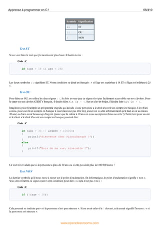 Symbole Signification
&& ET
|| OU
! NON
Test ET
Si on veut faire le test que j'ai mentionné plus haut, il faudra écrire :
Code : C
if (age > 18 && age < 25)
Les deuxsymboles && signifient ET. Notre condition se dirait en français : « si l'âge est supérieur à 18 ET si l'âge est inférieur à 25
».
Test OU
Pour faire un OU, on utilise les deuxsignes ||. Je dois avouer que ce signe n'est pas facilement accessible sur nos claviers. Pour
le taper sur un clavierAZERTYfrançais, il faudra faire Alt Gr + 6. Sur un clavier belge, il faudra faire Alt Gr + &.
Imaginons pour l'exemple un programme stupide qui décide si une personne a le droit d'ouvrir un compte en banque. C'est bien
connu, pour ouvrir un compte en banque il vaut mieuxne pas être trop jeune (on va dire arbitrairement qu'il faut avoir au moins
30 ans) ou bien avoir beaucoup d'argent (parce que là, même à 10 ans on vous acceptera à bras ouverts !). Notre test pour savoir
si le client a le droit d'ouvrir un compte en banque pourrait être :
Code : C
if (age > 30 || argent > 100000)
{
printf("Bienvenue chez PicsouBanque !");
}
else
{
printf("Hors de ma vue, miserable !");
}
Ce test n'est valide que si la personne a plus de 30 ans ou si elle possède plus de 100 000 euros !
Test NON
Le dernier symbole qu'il nous reste à tester est le point d'exclamation. En informatique, le point d'exclamation signifie « non ».
V
ous devez mettre ce signe avant votre condition pour dire « si cela n'est pas vrai » :
Code : C
if (!(age < 18))
Cela pourrait se traduire par « si la personne n'est pas mineure ». Si on avait enlevé le ! devant, cela aurait signifié l'inverse : « si
la personne est mineure ».
Apprenez à programmer en C ! 68/410
www.openclassrooms.com
 