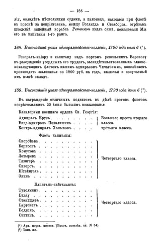 — 185 —
ліи, овладѣвъ нѣсколькими судами, а наконецъ, находяся при флотѣ
въ погонѣ за непріятелемъ, между Гогланда и Свеаборга, отрѣзавъ
шведскій линейный корабль Ретвизанъ взялъ оный, пожаловали Мы
его въ капитаны 1-го ранга.
188. Высочайшгй указе адмиралмейсмвв-коллегги, 1790 года гюля 6 (*).
Генералъ-маіору и капитану на.дъ портомъ ревельскимъ Воронову
въ разсужденіи усердныхъ его трудовъ, засвидѣтельствованныхъ главно-
командующимъ флотомъ нашимъ адмираломъ Чичаговымъ, повелѣваемъ
производить жалованья по 1800 руб. на годъ, включая и получаемый
имъ нынѣ окладъ.
189. Высочайшгй указе адмиралмейсмвд-коллеііи, 1790 года гюля 6 (2).
Въ награждегііе отличныхъ подвиговъ въ дѣлѣ противъ флотовъ
непріятельскихъ 22 іюня бывшимъ пожалованы:
Кавалерами военнаго ордена Св. Георгія:
Адмиралъ Крузъ
Вице-адмиралъ Повалишинъ . . . .
Контръ-адмиралъ Ханыковъ . . . .
ФЛОТА КАПИТАНЫ:
Скорбѣевъ .
Борисовъ .
Хомутовъ
Лотыревъ
Тизигеръ
Сиверсъ.
Штейнгель
Экинъ .
КАПИТАНЪ-ЛЕЙТЕНАНТЫ :
Тутолминъ
Билау
Станйщевъ
Бартеневъ
Водиско
Свитинъ
Болыпаго креста втораго
класса.
третьяго класса.
Четвертаго класса.
Четвертаго класса.
(!) Арх. морск. минист. (Высоч. повелѣн. кн. № 54).
(2) Тамъ же.
 