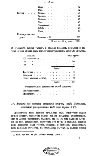 — 17 —
Тиіръ 64
Тысь 64
Катера . . . . Гагара 48
Кречетъ 42
Бакланъ 48
Нева 48
Счастливый 42
Лебедь 48
Олень 36
Канонирскихъ ло-
докъ. . . . Болыпихъ 20 1200
Всего на 58 судовъ . 2352
В . ВѣДОМОСТЬ КАКИХЪ РАНГОВЪ И СКОЛЬКО КОРАБЛЕЙ, ФРЕГАТОВЪ И ПРО-
ЧИХЪ СУДОВЪ ИМѢЕТЪ БЫТЬ ПОДЪ ПРЕДВОДИТЕЛЬСТВОМЪ АДМИРАЛА ЧИЧАГОВА.
Кораблей: Число судовъ:
100 пушечныхъ 7
74 » 10
66 » . . 4
Всего. . . . 21
Фрегатовъ 6
Катеровъ 3
Госпитальныхъ судовъ 2
Всего . . . 32
Оставляется въ ревельскомъ портѣ готовыхъ:
Бомбардирскихъ 2
Брандеровъ 2
17. Выписка изд проекта рескрипта генералу графу Салтыкову,
высочайгие утвержденнаго 1790 года апрѣля 5 (*).
Препоручивъ вамъ главное начальство надъ сухопутною нашею
арміею противъ непріятеля нашего короля шведскаго дѣйствующею,
Мы въ доброй пребываемъ надеждѣ, что вы въ толь важномъ служе-
ны на васъ возлагаемомъ употребите всѣ труды и старанія, которые
ваше дознанное Нами усердіе, искуство .и храбрость предположатъ
вамъ на пользу отечества. Къ руководству въ томъ вы найдете многія
(J) Моск. арх. мин. ин. дѣл. (ПІведек. камяан. 1790 г.).
2
' ИСТОРИЧЕСКАЯ
 