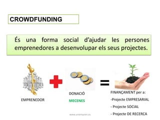 És una forma social d’ajudar les persones 
emprenedores a desenvolupar els seus projectes. 
www.uniempren.es 
CROWDFUNDING 
EMPRENEDOR 
DONACIÓ 
MECENES 
FINANÇAMENT per a: 
-Projecte EMPRESARIAL 
- Projecte SOCIAL 
- Projecte DE RECERCA 
 
