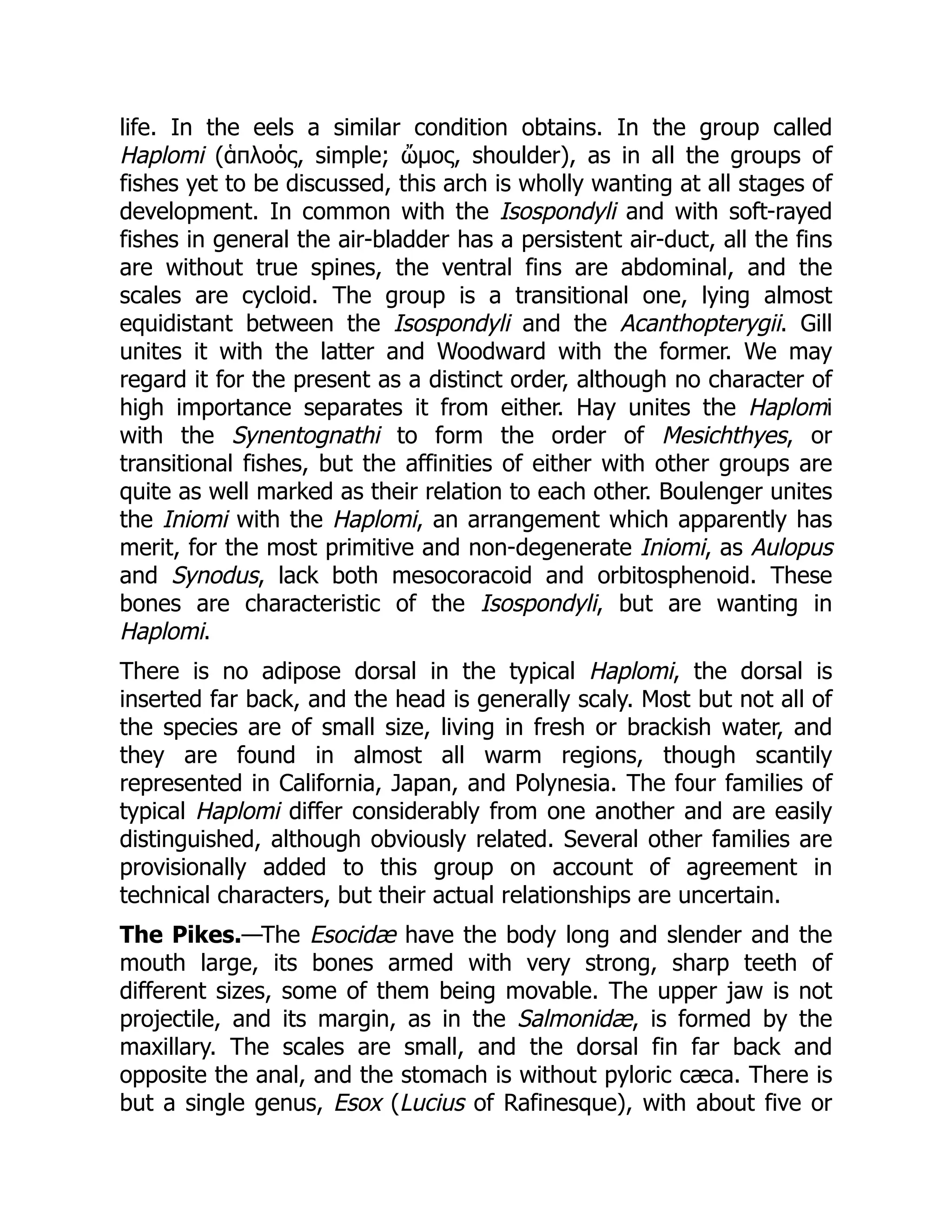 life. In the eels a similar condition obtains. In the group called
Haplomi (ἁπλοός, simple; ὤμος, shoulder), as in all the groups of
fishes yet to be discussed, this arch is wholly wanting at all stages of
development. In common with the Isospondyli and with soft-rayed
fishes in general the air-bladder has a persistent air-duct, all the fins
are without true spines, the ventral fins are abdominal, and the
scales are cycloid. The group is a transitional one, lying almost
equidistant between the Isospondyli and the Acanthopterygii. Gill
unites it with the latter and Woodward with the former. We may
regard it for the present as a distinct order, although no character of
high importance separates it from either. Hay unites the Haplomi
with the Synentognathi to form the order of Mesichthyes, or
transitional fishes, but the affinities of either with other groups are
quite as well marked as their relation to each other. Boulenger unites
the Iniomi with the Haplomi, an arrangement which apparently has
merit, for the most primitive and non-degenerate Iniomi, as Aulopus
and Synodus, lack both mesocoracoid and orbitosphenoid. These
bones are characteristic of the Isospondyli, but are wanting in
Haplomi.
There is no adipose dorsal in the typical Haplomi, the dorsal is
inserted far back, and the head is generally scaly. Most but not all of
the species are of small size, living in fresh or brackish water, and
they are found in almost all warm regions, though scantily
represented in California, Japan, and Polynesia. The four families of
typical Haplomi differ considerably from one another and are easily
distinguished, although obviously related. Several other families are
provisionally added to this group on account of agreement in
technical characters, but their actual relationships are uncertain.
The Pikes.—The Esocidæ have the body long and slender and the
mouth large, its bones armed with very strong, sharp teeth of
different sizes, some of them being movable. The upper jaw is not
projectile, and its margin, as in the Salmonidæ, is formed by the
maxillary. The scales are small, and the dorsal fin far back and
opposite the anal, and the stomach is without pyloric cæca. There is
but a single genus, Esox (Lucius of Rafinesque), with about five or
 
