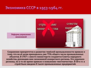 Реформа управления
экономикой

Сохранение приоритетов в развитии тяжёлой промышленности привело к
тому, что на её долю приходилось уже 75% общего числа промышленных
объектов. В 1957 г. вместо министерств создаются Советы народного
хозяйства, руководив-шие экономикой конкретного региона. Это укрепило
регионы, но в то же время привело к появлению «местничества». В 50-е гг. в
строй было введено 8 тысяч промышленных предприятий.

 