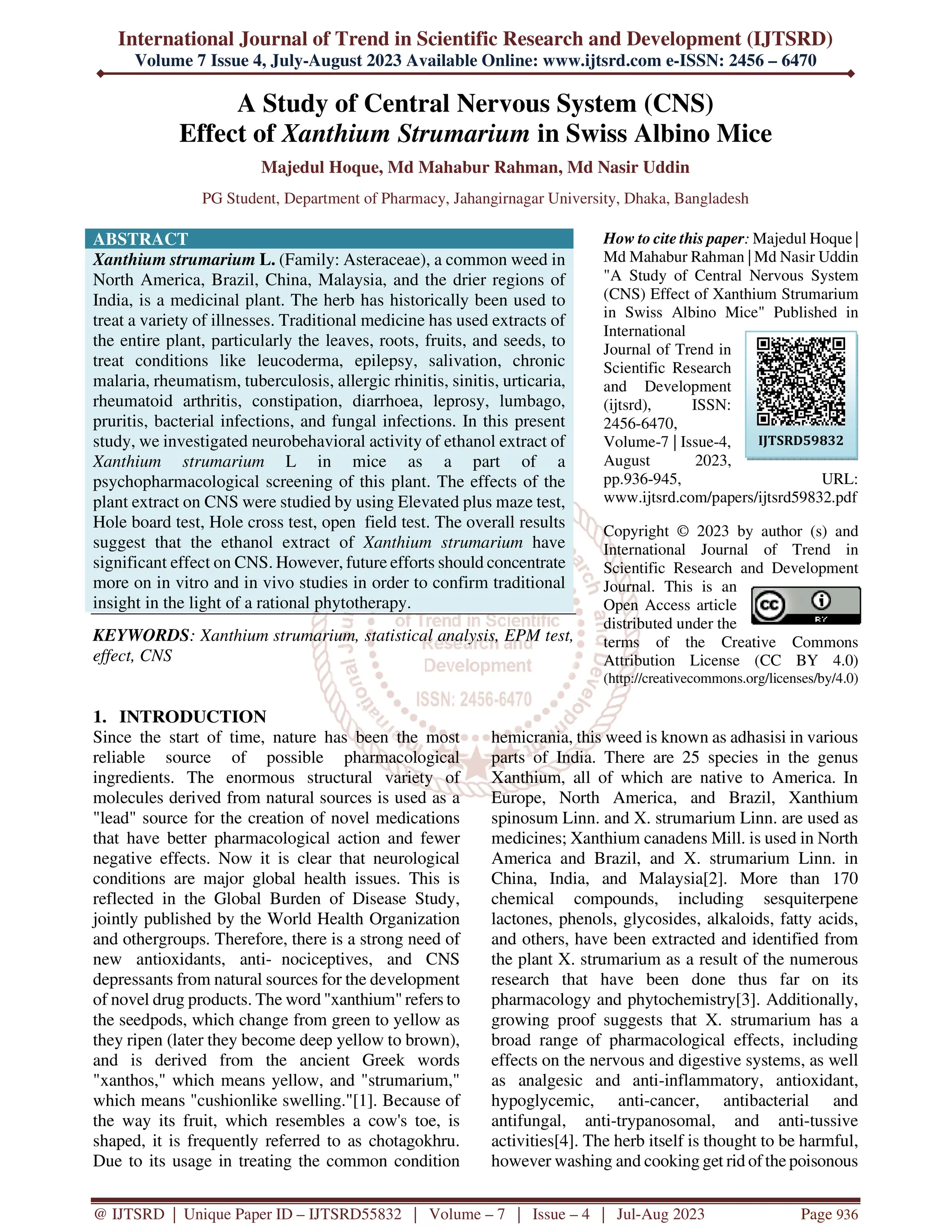 A Study of Central Nervous System CNS Effect of Xanthium Strumarium in ...