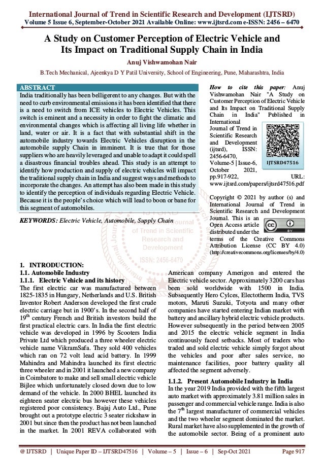 A Study on Customer Perception of Electric Vehicle and Its Impact on ...