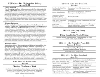 4
EDU 535 ~ Dr. Laura Klenk
Area 16
Hilary Berbach
Text Messaging as a Form of Communication for One Individual with
Limited Verbal Skills Abstract: This paper examined how an individual with lim-
ited verbal skills used text messaging to communicate with members of his family.
This study was important to the field of special education because the use of text mes-
saging has the potential to be a new form of assistive technology for students who
have limited verbal skills. Data was collected from two participant's archived text mes-
sages. The findings showed that a person with limited verbal skills can use text mes-
saging 1.) to tell another person something; 2) to convey emotion or feelings; 3) to ask
a question or make a request; 4) to check in with another, and 5) to respond to direct
questions or requests.
Brittany Fehskens
Teacher Ideologies on implementing Diverse Family Structure of
Same-Sex Couples into The Elementary Curriculum: Provoking Critical
Thinking or Masking The Controversy? Abstract: This paper examined how
teachers implement or would implement a unit on families within their classroom.
Would their implementation cover diverse family structures, and more specifically,
cover the topic of same-sex couples. This study was important to the field of educa-
tion because students come from diverse family structures. Data was collected from
four participants who were pre-, post-, or current teachers within the elementary edu-
cation field and fourteen graduate students. Findings revealed that most participants
thought families consisted of a mom, dad and children; the teacher-participants be-
lieved they had a professional responsibility to teach about diverse family structure
despite moral beliefs about the controversial topic of same-sex couples; and that the
word diversity masked the controversy of teaching about same-sex families.
Bonnie Gervase
Reexamining Science Misconceptions and What we Assumed Our Stu-
dents Understood: Elementary Students’ Scientific Explanations for
Why Day Turns Into Night Abstract: This paper examined the scientific expla-
nations and understandings for day and night. This study was important to the field of
education because understanding students' common science conceptions can help a
teacher to be mindful in their planning. Data was collected from eight elementary-
aged students who ranged in age from 6 - 11 years. The results showed that all the
participants had misconceptions about the phenomenon of day and night; the older
students exhibited more abstract thinking in their explanations for how day turns into
night than the younger students; and the participants were able to express their think-
ing about day and night better through pictures than through a written response.
EDU 690 ~ Dr. Christopher Shively
Areas 10-12
Writing: Teachers at Work
Kim-Marie Eisenhauer, Jessica Frain, Angela Frost, Courtney Hartman,
Courtney Knoph, Stephanie Krentz, Alanna Letson, Brittany Lis,
Courtney Manhard, Kelsey Mash, Amber Vesey, Kendal Wiertel,
Hannah Williams, Kristin Zwolinski
5
EDU 609 ~ Dr. Ellen Friedland
Area 5-6
Kim-Marie Eisenhauer, Alexandria
Jasek, Kelsey Mash, Brigit May
Comprehension Strategies for Middle and
High School Content Areas
Alanna Letson, Kendal Wiertel,
Michael Sullivan
Strategies for Improving Adolescent
Writing Across All Content Areas
Hailey Barmasse, Maria Caffarelli,
Brian Krempa, Jordan Manley
Strategies to Improve Content
Comprehension
Meghan Hughes, Tara Hecke,
Amber Vesey, Caterina Zuppardo
Vocabulary Strategies to Enhance Content
Area Literacy of Adolescents
EDU 511 ~ Dr. Pixita Del Prado Hill
Session 2, Area 4
Service Learning Project at
Herman Badillo Bilingual Academy
Shaheedah Nieves, Andrea Wolf
EDU 611 ~ Dr. Jing Zhang
Area 3
Using Storybird to Teach Writing
Adrienne Battaglia, Andrea DeMont, Hailey Barmasse, Jill Lauck,
Nicole Austin, Angela Needham
EDU 546 ~ Dr. Kim Truesdell
Area 1-2
Erin Capello, Brigit May,
Nicole Schiske
Instructional Tools Take Students to the
Next Level
Kaitlyn Marie Gardner Parent Involvement Strategies to Improve
Kindergarten Reading Readiness
Susan Boyes, Malorie
Cummings, Kelsey
Sheehan, Ashton Vertalino
Reading Should Be...
Scott Allen, Allie Helfer,
Asma Mohamoud
Technology as a Tool to Teach Literacy as a Tool
to Teach Math
Leslie Davis,
Dominique Johnson
The Effects of Parent Involvement on Emergent
Literacy and Teachers' Perceptions of Language
Background and Development
 