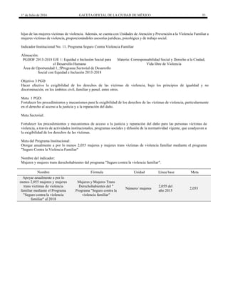 1° de Julio de 2016 GACETA OFICIAL DE LA CIUDAD DE MÉXICO 53
hijas de las mujeres víctimas de violencia. Además, se cuenta con Unidades de Atención y Prevención a la Violencia Familiar a
mujeres víctimas de violencia, proporcionándoles asesorías jurídicas, psicológica y de trabajo social.
Indicador Institucional No. 11. Programa Seguro Contra Violencia Familiar
Alineación:
PGDDF 2013-2018 EJE 1: Equidad e Inclusión Social para
el Desarrollo Humano
Materia: Corresponsabilidad Social y Derecho a la Ciudad,
Vida libre de Violencia
Área de Oportunidad 1, 5Programa Sectorial de Desarrollo
Social con Equidad e Inclusión 2013-2018
Objetivo 3 PGD
Hacer efectiva la exigibilidad de los derechos de las víctimas de violencia, bajo los principios de igualdad y no
discriminación, en los ámbitos civil, familiar y penal, entre otros.
Meta 1 PGD:
Fortalecer los procedimientos y mecanismos para la exigibilidad de los derechos de las víctimas de violencia, particularmente
en el derecho al acceso a la justicia y a la reparación del daño.
Meta Sectorial:
Fortalecer los procedimientos y mecanismos de acceso a la justicia y reparación del daño para las personas víctimas de
violencia, a través de actividades institucionales, programas sociales y difusión de la normatividad vigente, que coadyuven a
la exigibilidad de los derechos de las víctimas.
Meta del Programa Institucional:
Otorgar anualmente a por lo menos 2,055 mujeres y mujeres trans víctimas de violencia familiar mediante el programa
"Seguro Contra la Violencia Familiar"
Nombre del indicador:
Mujeres y mujeres trans derechohabientes del programa "Seguro contra la violencia familiar".
Nombre Fórmula Unidad Línea base Meta
Apoyar anualmente a por lo
menos 2,055 mujeres y mujeres
trans víctimas de violencia
familiar mediante el Programa
"Seguro contra la violencia
familiar" al 2018
Mujeres y Mujeres Trans
Derechohabientes del "
Programa "Seguro contra la
violencia familiar"
Número/ mujeres
2,055 del
año 2015
2,055
 
