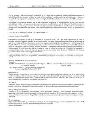 1° de Julio de 2016 GACETA OFICIAL DE LA CIUDAD DE MÉXICO 57
Uno de los retos a los que se enfrenta el Gobierno de la Ciudad es el de garantizar a todas las personas habitantes la
sustentabilidad de los servicios, mediante la conservación, ampliación y modernización de la infraestructura existente, el
desarrollo de nuevos proyectos que permitan entre otros ampliar la cobertura actual y el incremento de la calidad del agua.
Sin embargo, son necesarias acciones que no sólo contribuyan a garantizar el derecho humano al agua, sino que sean
sustentables y ayuden a la regeneración de mantos acuíferos, por ello, la Secretaría de Desarrollo Social implementa el
Programa Agua a tu Casa que se enfoca al uso de tecnologías de captación pluvial, bajo un enfoque de sustentabilidad, se
presenta como una oportunidad para generar condiciones de equidad en la disponibilidad de agua de las y los habitantes de la
CDMX.
ANÁLISIS DE LOS PROGRAMAS Y ACCIONES SOCIALES.
Programa Agua a tu Casa CDMX
Considerando la magnitud del reto y las demandas de la población de la CDMX por tener disponibilidad de agua, su
constante suministro y calidad, se crea el presente programa que genera una solución alternativa al problema de desabasto de
agua en la Ciudad de México. Su objetivo es contribuir a generar condiciones de equidad para las y los habitantes de la
Ciudad de México, mediante la disponibilidad de agua con tecnologías de captación pluvial. Eleva la calidad de vida de la
población con mayores carencias y rezago, mediante el fomento a formas alternativas de disponibilidad y almacenamiento, la
instrumentación de mejoras en el acceso a servicios así como la cultura del cuidado de los recursos, promoviendo el
cumplimiento del derecho humano de acceso al agua. Asimismo, contribuye al desarrollo de una Ciudad inclusiva, dinámica
y equitativa a partir de una visión integral y sustentable.
INDICADORES EN MATERIA DE CORRESPONSABILIDAD SOCIAL Y DERECHO A LA CIUDAD: DERECHO AL
AGUA
Indicador institucional No. 13. Agua a tu Casa
Alineación:
PGDDF 2013-2018 EJE 1: Equidad e Inclusión Social para
el Desarrollo Humano
Materia: Corresponsabilidad Social y Derecho a la Ciudad,
Derecho al agua
Área de Oportunidad 1,5 Programa Sectorial de Desarrollo
Social con Equidad e Inclusión 2013-2018
Objetivo 1 PGD
Realizar acciones que permitan el ejercicio pleno de los derechos de las personas, independientemente de su origen étnico,
condición jurídica, social o económica, migratoria, de salud, de edad, discapacidad, sexo, orientación y/o preferencia sexual,
estado civil, nacionalidad, apariencia física, forma de pensar o situaciones de calle, entre otras, para evitar bajo un enfoque de
corresponsabilidad la exclusión, el maltrato y la discriminación.
Meta 2 PGD
Reforzar el diseño, la legislación y la implementación de las políticas, programas y servicios de apoyo a la población para
evitar la exclusión, el maltrato y/o la discriminación hacia las personas bajo un enfoque de corresponsabilidad social.
Meta en el Programa Sectorial:
Aumentar en un 20% las acciones que contribuyan a evitar la exclusión, el maltrato y la discriminación, a través del diseño
de políticas públicas y el fortalecimiento de la legislación; así como la creación de programas integrales, acciones sociales y
servicios tendientes a eliminar las desigualdades entre los habitantes, con un enfoque de corresponsabilidad en el periodo
2014-2018.
Meta Institucional:
Mejorar la disponibilidad de agua por medio de tecnología de captación pluvial, a por lo menos 30,000 habitantes de la CDMX
que preferente vivan en zonas que demuestren tener carencias en este rubro.
Nombre del indicador:
 