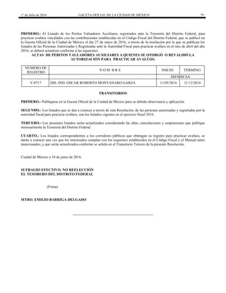 1° de Julio de 2016 GACETA OFICIAL DE LA CIUDAD DE MÉXICO 79
PRIMERO.- El Listado de los Peritos Valuadores Auxiliares, registrados ante la Tesorería del Distrito Federal, para
practicar avalúos vinculados con las contribuciones establecidas en el Código Fiscal del Distrito Federal, que se publicó en
la Gaceta Oficial de la Ciudad de México el día 27 de mayo de 2016, a través de la resolución por la que se publican los
listados de las Personas Autorizadas y Registradas ante la Autoridad Fiscal para practicar avalúos en el mes de abril del año
2016, se deberá actualizar conforme a las siguientes:
ALTAS DE PERITOS VALUADORES AUXILIARES A QUIENES SE OTORGÓ O REVALIDÓ LA
AUTORIZACIÓN PARA PRACTICAR AVALÚOS.
NÚMERO DE
REGISTRO
N O M B R E INICIO TÉRMINO
DD/MM/AA
V-0717 DIS. IND. OSCAR ROBERTO MONTANARO GARZA 11/05/2016 31/12/2016
TRANSITORIOS
PRIMERO.- Publíquese en la Gaceta Oficial de la Ciudad de México para su debida observancia y aplicación.
SEGUNDO.- Los listados que se dan a conocer a través de esta Resolución, de las personas autorizadas y registradas por la
autoridad fiscal para practicar avalúos, son los listados vigentes en el ejercicio fiscal 2016.
TERCERO.- Los presentes listados serán actualizados considerando las altas, cancelaciones y suspensiones que publique
mensualmente la Tesorería del Distrito Federal.
CUARTO.- Los listados correspondientes a los corredores públicos que obtengan su registro para practicar avalúos, se
darán a conocer una vez que los interesados cumplan con los requisitos establecidos en el Código Fiscal y el Manual antes
mencionados, y que serán actualizados conforme se señala en el Transitorio Tercero de la presente Resolución.
Ciudad de México a 10 de junio de 2016.
SUFRAGIO EFECTIVO. NO REELECCIÓN
EL TESORERO DEL DISTRITO FEDERAL
(Firma)
MTRO. EMILIO BARRIGA DELGADO
 