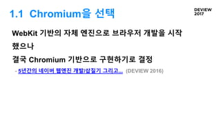 1.1 Chromium을 선택
WebKit 기반의 자체 엔진으로 브라우저 개발을 시작
했으나
결국 Chromium 기반으로 구현하기로 결정
- 5년간의 네이버 웹엔진 개발/삽질기 그리고... (DEVIEW 2016)
 