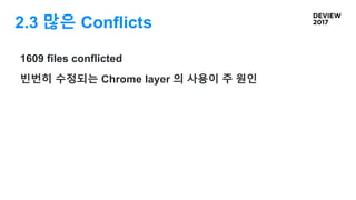 2.3 많은 Conflicts
1609 files conflicted
빈번히 수정되는 Chrome layer 의 사용이 주 원인
 