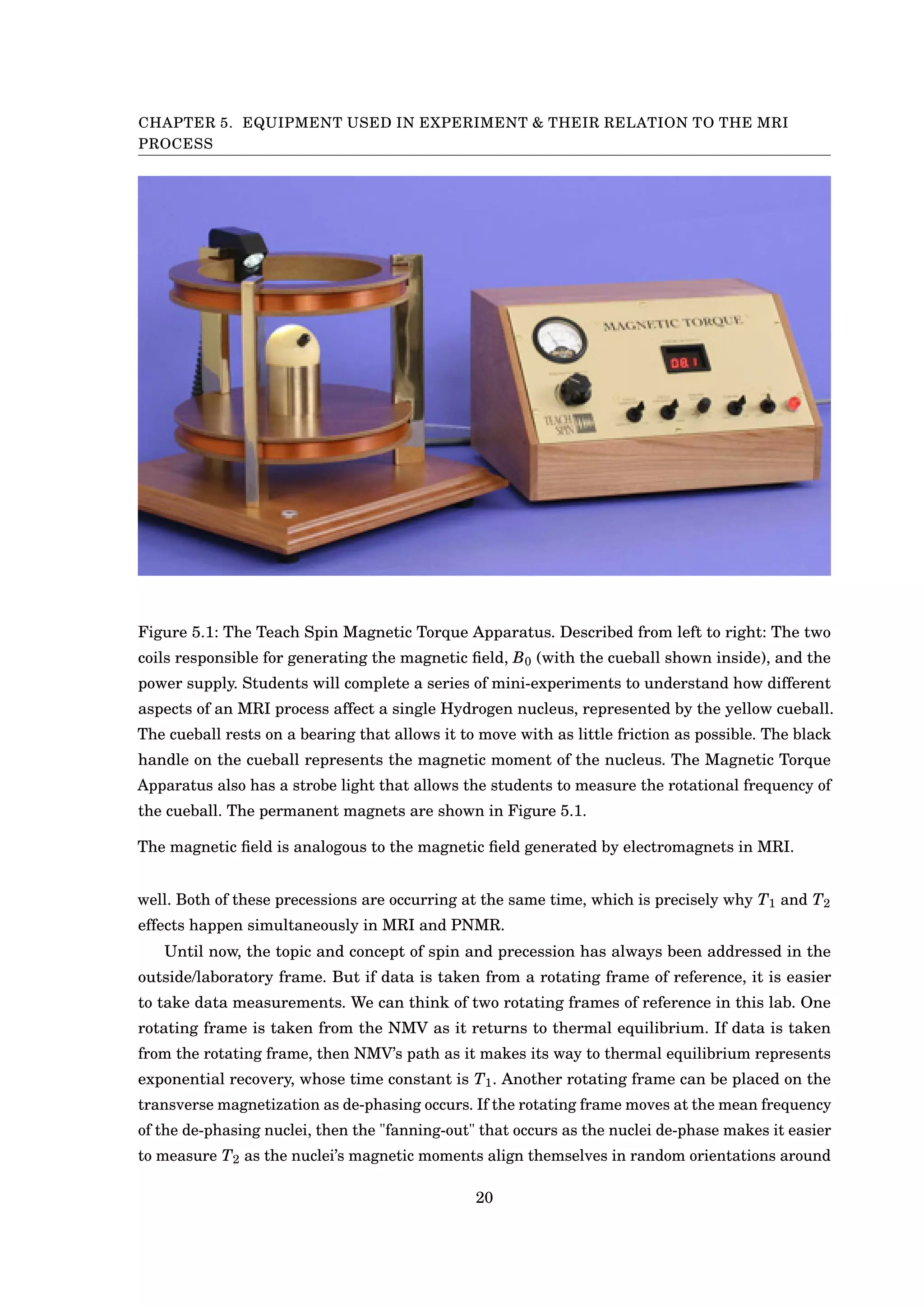 CHAPTER 5. EQUIPMENT USED IN EXPERIMENT & THEIR RELATION TO THE MRI
PROCESS
Figure 5.1: The Teach Spin Magnetic Torque Apparatus. Described from left to right: The two
coils responsible for generating the magnetic ﬁeld, B0 (with the cueball shown inside), and the
power supply. Students will complete a series of mini-experiments to understand how different
aspects of an MRI process affect a single Hydrogen nucleus, represented by the yellow cueball.
The cueball rests on a bearing that allows it to move with as little friction as possible. The black
handle on the cueball represents the magnetic moment of the nucleus. The Magnetic Torque
Apparatus also has a strobe light that allows the students to measure the rotational frequency of
the cueball. The permanent magnets are shown in Figure 5.1.
The magnetic ﬁeld is analogous to the magnetic ﬁeld generated by electromagnets in MRI.
well. Both of these precessions are occurring at the same time, which is precisely why T1 and T2
effects happen simultaneously in MRI and PNMR.
Until now, the topic and concept of spin and precession has always been addressed in the
outside/laboratory frame. But if data is taken from a rotating frame of reference, it is easier
to take data measurements. We can think of two rotating frames of reference in this lab. One
rotating frame is taken from the NMV as it returns to thermal equilibrium. If data is taken
from the rotating frame, then NMV’s path as it makes its way to thermal equilibrium represents
exponential recovery, whose time constant is T1. Another rotating frame can be placed on the
transverse magnetization as de-phasing occurs. If the rotating frame moves at the mean frequency
of the de-phasing nuclei, then the "fanning-out" that occurs as the nuclei de-phase makes it easier
to measure T2 as the nuclei’s magnetic moments align themselves in random orientations around
20
 