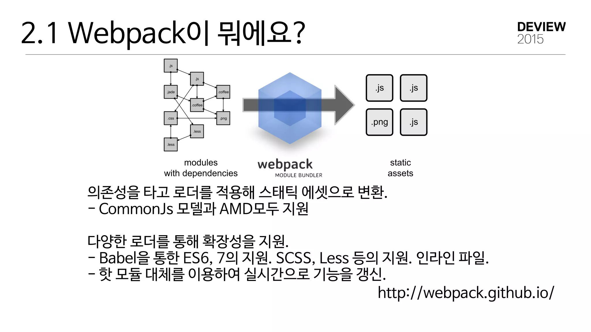 2.1 Webpack이 뭐에요?
의존성을 타고 로더를 적용해 스태틱 에셋으로 변환.

- CommonJs 모델과 AMD모두 지원

다양한 로더를 통해 확장성을 지원.

- Babel을 통한 ES6, 7의 지원. SCSS, Less 등의 지원. 인라인 파일.

- 핫 모듈 대체를 이용하여 실시간으로 기능을 갱신.
http://webpack.github.io/
 