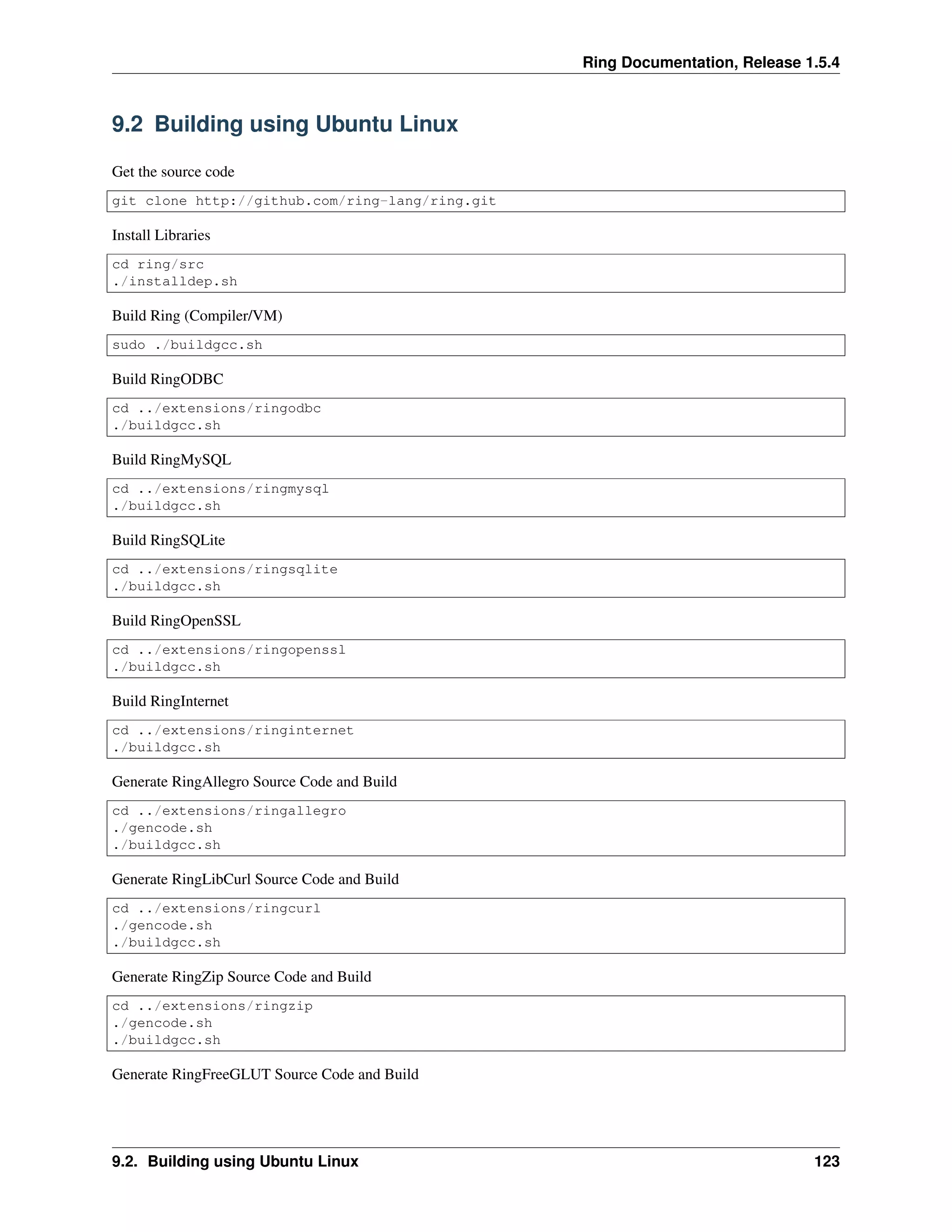 Ring Documentation, Release 1.5.4
9.2 Building using Ubuntu Linux
Get the source code
git clone http://github.com/ring-lang/ring.git
Install Libraries
cd ring/src
./installdep.sh
Build Ring (Compiler/VM)
sudo ./buildgcc.sh
Build RingODBC
cd ../extensions/ringodbc
./buildgcc.sh
Build RingMySQL
cd ../extensions/ringmysql
./buildgcc.sh
Build RingSQLite
cd ../extensions/ringsqlite
./buildgcc.sh
Build RingOpenSSL
cd ../extensions/ringopenssl
./buildgcc.sh
Build RingInternet
cd ../extensions/ringinternet
./buildgcc.sh
Generate RingAllegro Source Code and Build
cd ../extensions/ringallegro
./gencode.sh
./buildgcc.sh
Generate RingLibCurl Source Code and Build
cd ../extensions/ringcurl
./gencode.sh
./buildgcc.sh
Generate RingZip Source Code and Build
cd ../extensions/ringzip
./gencode.sh
./buildgcc.sh
Generate RingFreeGLUT Source Code and Build
9.2. Building using Ubuntu Linux 123
 