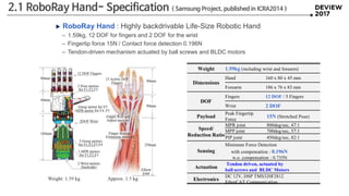 RoboRay Hand : Highly backdrivable Life-Size Robotic Hand
– 1.59kg, 12 DOF for fingers and 2 DOF for the wrist
– Fingertip force 15N / Contact force detection 0.196N
– Tendon-driven mechanism actuated by ball screws and BLDC motors
Weight 1.59kg (including wrist and forearm)
Dimensions
Hand 160 x 80 x 45 mm
Forearm 186 x 76 x 83 mm
DOF
Fingers 12 DOF / 5 Fingers
Wrist 2 DOF
Payload
Peak Fingertip
Force
15N (Stretched Pose)
Speed/
Reduction Ratio
MPR joint 800deg/sec, 47:1
MPP joint 700deg/sec, 57:1
PIP joint 450deg/sec, 82:1
Sensing
Minimum Force Detection
with compensation : 0.196N
w.o. compensation : 0.735N
Actuation
Tendon driven, actuated by
ball screws and BLDC Motors
Electronics
DC 12V, DSP TMS320F2812
EtherCAT Communication
2.1 RoboRay Hand- Specification ( Samsung Project, published in ICRA2014 )
 