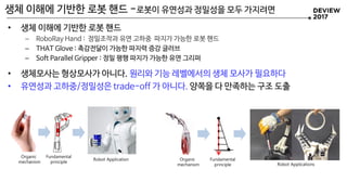 생체 이해에 기반한 로봇 핸드 -로봇이 유연성과 정밀성을 모두 가지려면
• 생체 이해에 기반한 로봇 핸드
– RoboRay Hand : 정밀조작과 유연 고하중 파지가 가능한 로봇 핸드
– THAT Glove : 촉감전달이 가능한 파지력 증강 글러브
– Soft Parallel Gripper : 정밀 평행 파지가 가능한 유연 그리퍼
• 생체모사는 형상모사가 아니다. 원리와 기능 레벨에서의 생체 모사가 필요하다
• 유연성과 고하중/정밀성은 trade-off 가 아니다. 양쪽을 다 만족하는 구조 도출
Organic
mechanism
Fundamental
principle
Robot Application Organic
mechanism
Fundamental
principle Robot Applications
 