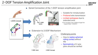 2-DOF Tension Amplification Joint
Two 1-DOF
Joints
– Suitable for miniaturization
– Frictional wire transmission
– Limited workspace due to
extended wrist
※“An Innovative Trans-umbilical Single-Port
Surgical Robot” ICRA2014
Serial Connection of the 1-DOF tension amplification joint
– How to realize spherical
rolling contact without
slip
– Symmetricity of 2 wire
pairs should be verified
Extension to 2-DOF Mechanism
1-DOF Joint 2-DOF Concept
Challenging points
z
1-DOF Concept
 