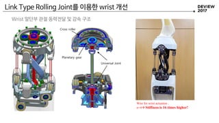 Link Type Rolling Joint를 이용한 wrist 개선
Wire for wrist actuation :
n=4 Stiffness is 16 times higher!
Cross roller
Planetary gear
Universal Joint
Wrist 말단부 관절 동력전달 및 감속 구조
 