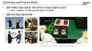 Summary and Future Work
• 생체 이해에 기반한 로봇 팔 “하이 파이브가 가능한 로봇의 조건은?”
– LIMS2–AMBIDEX: 안전성과 높은 제어 성능을 가진 로봇 팔
• 생활 속에 로봇이 들어오려면 …
Video Ref.: How Smartphones Are Assembled & Manufactured In China. https://www.youtube.com/watch?v=gBL-u53sy_o&t=1s
2013 Artistic Gymnastics World Championships https://www.youtube.com/watch?v=O4pSYZNFej0
The Best Female Rock Climber In the World is 14 Years Old https://m.youtube.com/watch?v=D4zBVD0sL7Y
 