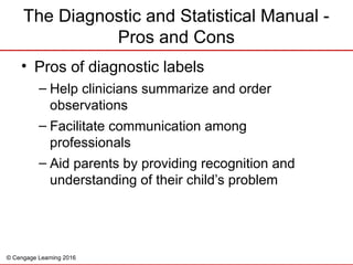 © Cengage Learning 2016
The Diagnostic and Statistical Manual -
Pros and Cons
• Pros of diagnostic labels
– Help clinicians summarize and order
observations
– Facilitate communication among
professionals
– Aid parents by providing recognition and
understanding of their child’s problem
 