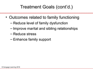© Cengage Learning 2016
• Outcomes related to family functioning
– Reduce level of family dysfunction
– Improve marital and sibling relationships
– Reduce stress
– Enhance family support
Treatment Goals (cont’d.)
 