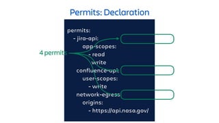 permits:
- jira-api:
app-scopes:
- read
write
confluence-api:
user-scopes:
- write
network-egress:
origins:
- https://api.nasa.gov/
Permits: Declaration
4 permits
 