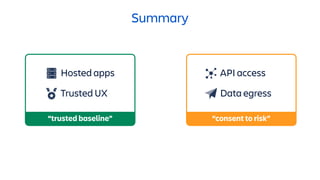 Summary
Hosted apps
Trusted UX
“trusted baseline”
Data egress
API access
“consent to risk”
 