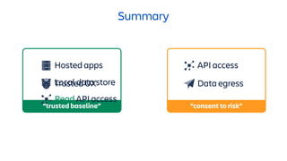 Summary
“trusted baseline”
Trusted UX
Hosted apps
Local data store Data egress
API access
“consent to risk”
Read API access
 