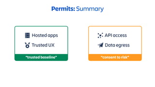 Data egress
API access
“consent to risk”
Permits: Summary
Hosted apps
Trusted UX
“trusted baseline”
 
