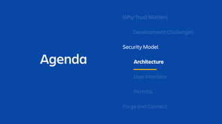 Agenda
Why Trust Matters
Development Challenges
Security Model
Architecture
User Interface
Permits
Forge and Connect
 