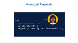 api
.asRequestUser()
.withJiraPermit()
.request(‘/rest/api/3/issue/FOO-123');
Managed Requests
 