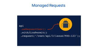 api
.asRequestUser()
.withJiraPermit()
.request(‘/rest/api/3/issue/FOO-123');
Managed Requests
 