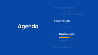 Agenda
Why Trust Matters
Development Challenges
Security Model
Architecture
User Interface
Permits
Forge and Connect
 