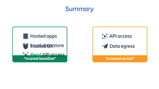 Summary
Trusted UX
Hosted apps
Local data store Data egress
API access
“consent to risk”
“trusted baseline”
Read API access
 
