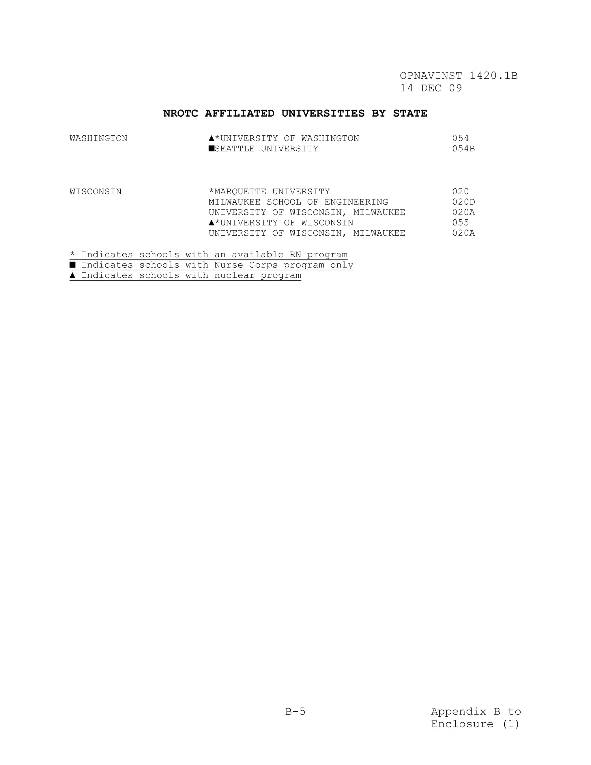 OPNAVINST 1420.1B
                                                         14 DEC 09

                NROTC AFFILIATED UNIVERSITIES BY STATE

WASHINGTON              ▲*UNIVERSITY OF WASHINGTON              054
                        ■SEATTLE UNIVERSITY                     054B



WISCONSIN               *MARQUETTE UNIVERSITY                   020
                        MILWAUKEE SCHOOL OF ENGINEERING         020D
                        UNIVERSITY OF WISCONSIN, MILWAUKEE      020A
                        ▲*UNIVERSITY OF WISCONSIN               055
                        UNIVERSITY OF WISCONSIN, MILWAUKEE      020A

* Indicates schools with an available RN program
■ Indicates schools with Nurse Corps program only
▲ Indicates schools with nuclear program




                                     B-5                     Appendix B to
                                                             Enclosure (1)
 