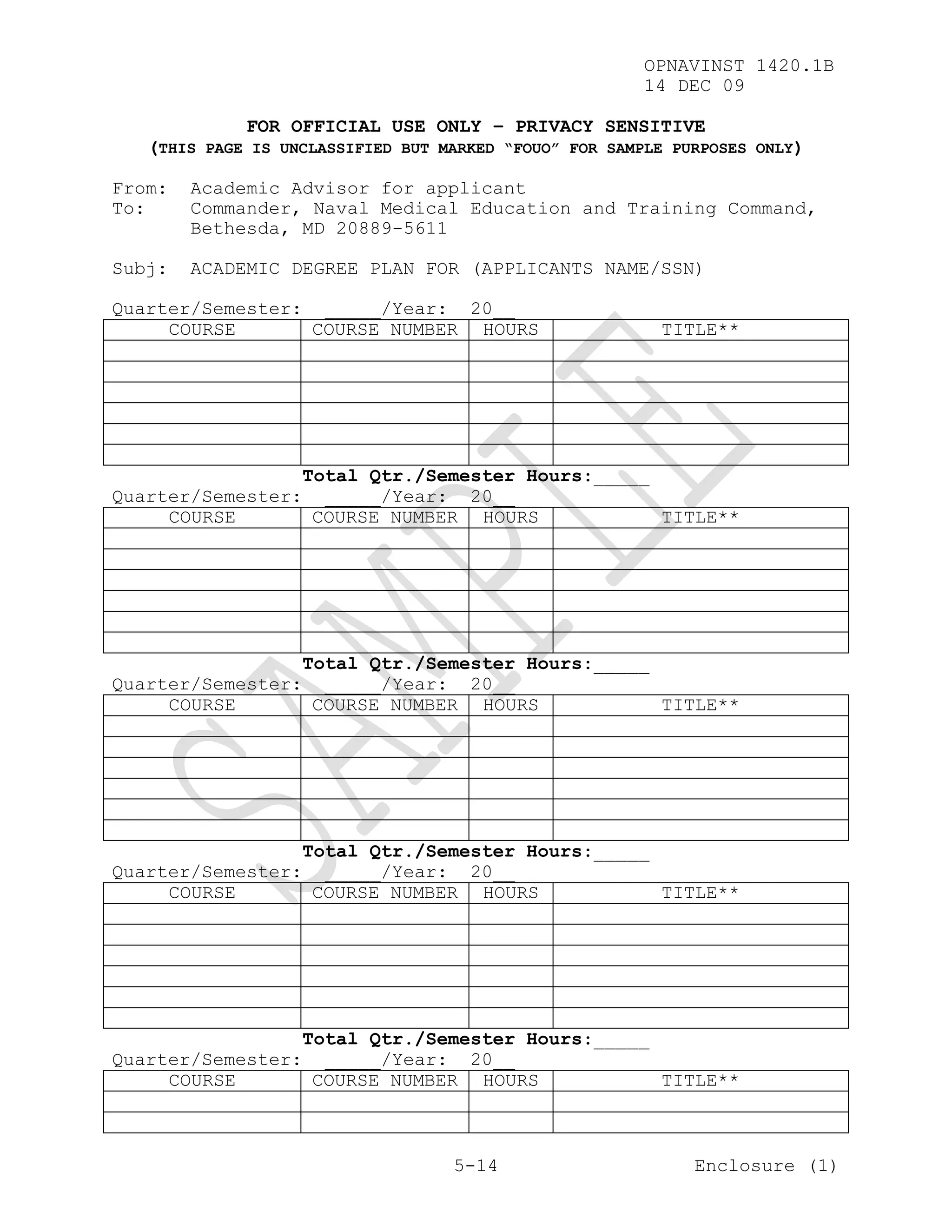 OPNAVINST 1420.1B
                                                       14 DEC 09

             FOR OFFICIAL USE ONLY – PRIVACY SENSITIVE
   (THIS PAGE IS UNCLASSIFIED BUT MARKED “FOUO” FOR SAMPLE PURPOSES ONLY)

From:   Academic Advisor for applicant
To:     Commander, Naval Medical Education and Training Command,
        Bethesda, MD 20889-5611

Subj:   ACADEMIC DEGREE PLAN FOR (APPLICANTS NAME/SSN)

Quarter/Semester: _____/Year: 20__
     COURSE      COURSE NUMBER HOURS                     TITLE**




                 Total Qtr./Semester Hours:_____
Quarter/Semester: _____/Year: 20__
     COURSE       COURSE NUMBER HOURS            TITLE**




                 Total Qtr./Semester Hours:_____
Quarter/Semester: _____/Year: 20__
     COURSE       COURSE NUMBER HOURS            TITLE**




                 Total Qtr./Semester Hours:_____
Quarter/Semester: _____/Year: 20__
     COURSE       COURSE NUMBER HOURS            TITLE**




                 Total Qtr./Semester Hours:_____
Quarter/Semester: _____/Year: 20__
     COURSE       COURSE NUMBER HOURS            TITLE**



                                   5-14                      Enclosure (1)
 