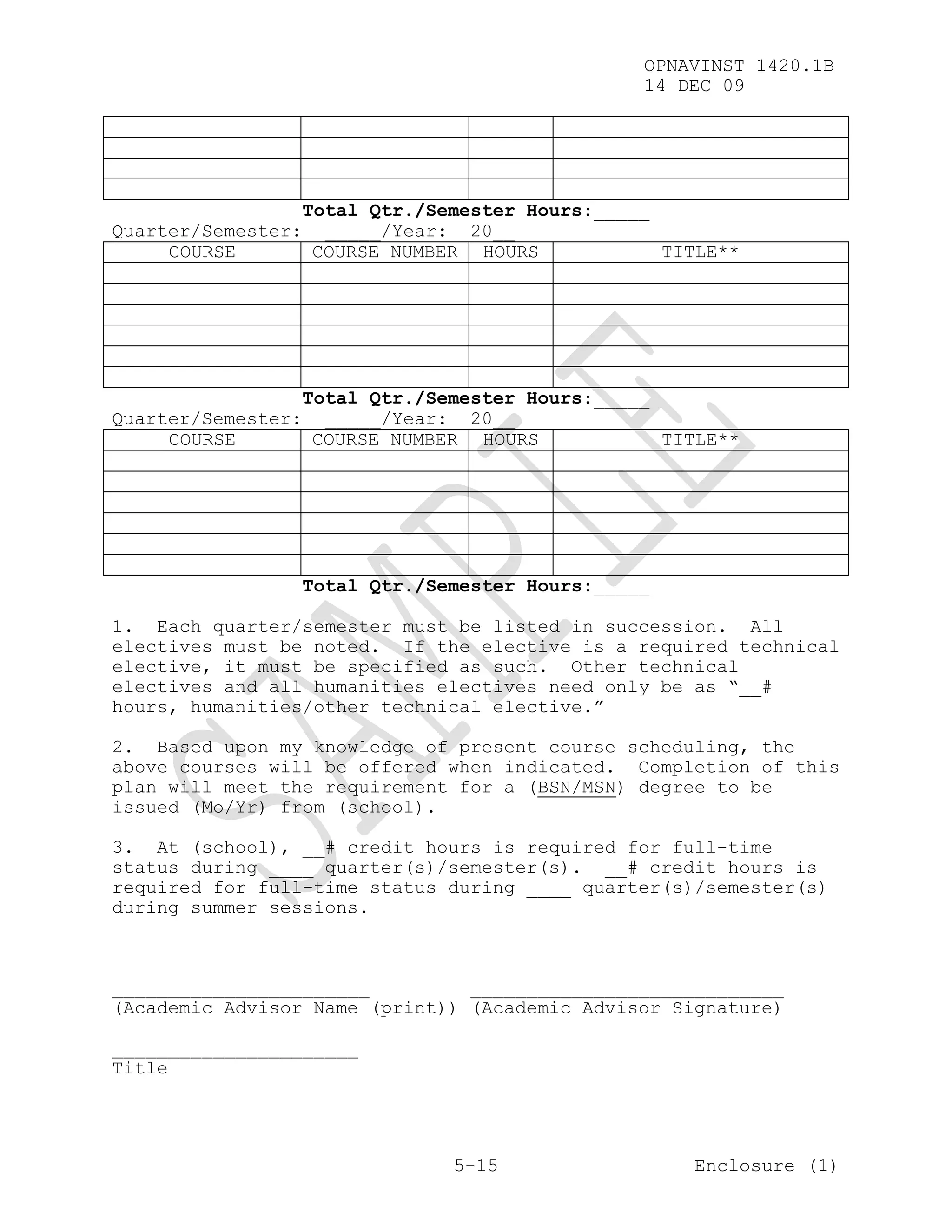 OPNAVINST 1420.1B
                                               14 DEC 09




                 Total Qtr./Semester Hours:_____
Quarter/Semester: _____/Year: 20__
     COURSE       COURSE NUMBER HOURS            TITLE**




                 Total Qtr./Semester Hours:_____
Quarter/Semester: _____/Year: 20__
     COURSE       COURSE NUMBER HOURS            TITLE**




                 Total Qtr./Semester Hours:_____

1. Each quarter/semester must be listed in succession. All
electives must be noted. If the elective is a required technical
elective, it must be specified as such. Other technical
electives and all humanities electives need only be as “__#
hours, humanities/other technical elective.”

2. Based upon my knowledge of present course scheduling, the
above courses will be offered when indicated. Completion of this
plan will meet the requirement for a (BSN/MSN) degree to be
issued (Mo/Yr) from (school).

3. At (school), __# credit hours is required for full-time
status during ____ quarter(s)/semester(s). __# credit hours is
required for full-time status during ____ quarter(s)/semester(s)
during summer sessions.



_______________________         ____________________________
(Academic Advisor Name (print)) (Academic Advisor Signature)

______________________
Title




                              5-15                  Enclosure (1)
 