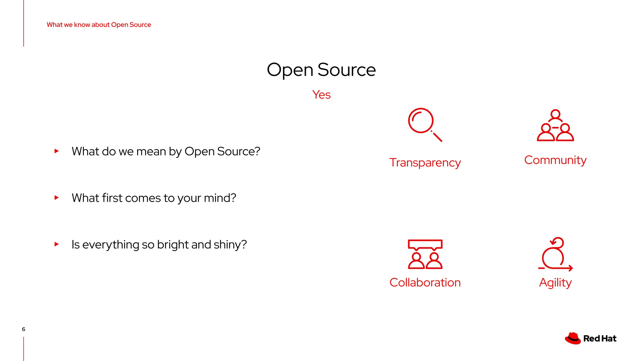 What we know about Open Source
6
Open Source
Transparency
Collaboration
Community
Agility
▸ What do we mean by Open Source?
▸ What first comes to your mind?
▸ Is everything so bright and shiny?
Yes
 