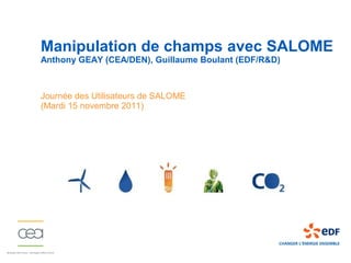 Manipulation de champs avec SALOME
Anthony GEAY (CEA/DEN), Guillaume Boulant (EDF/R&D)



Journée des Utilisateurs de SALOME
(Mardi 15 novembre 2011)
 
