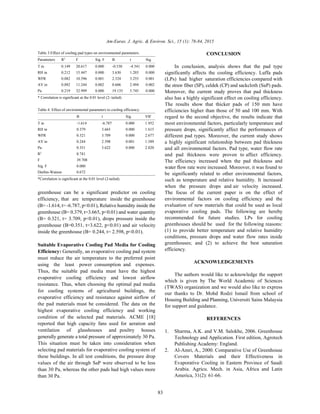 Am-Euras. J. Agric. & Environ. Sci., 15 (1): 78-84, 2015
83
Table 3:Effect of cooling pad types on environmental parameters.
Parameters R F Sig. F B t Sig.2
T in 0.149 20.617 0.000 -0.530 -4.541 0.000
RH in 0.212 15.447 0.000 3.630 1.203 0.000
WFR 0.082 10.596 0.001 2.524 3.255 0.001
AV in 0.092 11.244 0.002 0.606 2.494 0.002
Pa 0.219 32.999 0.000 19.135 5.745 0.000
* Correlation is significant at the 0.01 level (2- tailed).
Table 4: Effect of environmental parameters to cooling efficiency.
B t Sig. VIF
T in -1.614 -6.787 0.000 1.952
RH in 0.379 3.665 0.000 1.615
WFR 0.321 3.709 0.000 2.677
AV in 0.244 2.598 0.001 1.589
Pa 0.351 3.622 0.000 2.820
R 0.7412
F 39.708
Sig. F 0.000
Durbin-Watson 0.672
*Correlation is significant at the 0.01 level (2-tailed).
greenhouse can be a significant predictor on cooling
efficiency, that are temperature inside the greenhouse
(B= -1.614, t= -6.787, p<0.01), Relative humidity inside the
greenhouse (B= 0.379, t=3.665, p<0.01) and water quantity
(B= 0.321, t= 3.709, p<0.01), drops pressure inside the
greenhouse (B=0.351, t=3.622, p<0.01) and air velocity
inside the greenhouse (B= 0.244, t= 2.598, p<0.01).
Suitable Evaporative Cooling Pad Media for Cooling
Efficiency: Generally, an evaporative cooling pad system
must reduce the air temperature to the preferred point
using the least power consumption and expenses.
Thus, the suitable pad media must have the highest
evaporative cooling efficiency and lowest airflow
resistance. Thus, when choosing the optimal pad media
for cooling systems of agricultural buildings, the
evaporative efficiency and resistance against airflow of
the pad materials must be considered. The data on the
highest evaporative cooling efficiency and working
condition of the selected pad materials. ACME [18]
reported that high capacity fans used for aeration and
ventilation of glasshouses and poultry houses
generally generate a total pressure of approximately 30 Pa.
This situation must be taken into consideration when
selecting pad materials for evaporative cooling system of
these buildings. In all test conditions, the pressure drop
values of the air through SaP were observed to be less
than 30 Pa, whereas the other pads had high values more
than 30 Pa.
CONCLUSION
In conclusion, analysis shows that the pad type
significantly affects the cooling efficiency. Luffa pads
(LPs) had higher saturation efficiencies compared with
the straw fiber (SP), celdek (CP) and sackcloth (SaP) pads.
Moreover, the current study proves that pad thickness
also has a highly significant effect on cooling efficiency.
The results show that thicker pads of 150 mm have
efficiencies higher than those of 50 and 100 mm. With
regard to the second objective, the results indicate that
most environmental factors, particularly temperature and
pressure drops, significantly affect the performances of
different pad types. Moreover, the current study shows
a highly significant relationship between pad thickness
and all environmental factors. Pad type, water flow rate
and pad thickness were proven to affect efficiency.
The efficiency increased when the pad thickness and
water flow rate were increased. Moreover, it was found to
be significantly related to other environmental factors,
such as temperature and relative humidity. It increased
when the pressure drops and air velocity increased.
The focus of the current paper is on the effect of
environmental factors on cooling efficiency and the
evaluation of new materials that could be used as local
evaporative cooling pads. The following are hereby
recommended for future studies. LPs for cooling
greenhouses should be used for the following reasons:
(1) to provide better temperature and relative humidity
conditions, pressure drops and water flow rates inside
greenhouses; and (2) to achieve the best saturation
efficiency.
ACKNOWLEDGEMENTS
The authors would like to acknowledge the support
which is given by The World Academic of Sciences
(TWAS) organization and we would also like to express
our thanks to Dr. Mohd Rodzi Ismail from school of
Housing Building and Planning, Universiti Sains Malaysia
for support and guidance.
REFERENCES
1. Sharma, A.K. and V.M. Salokhe, 2006. Greenhouse
Technology and Application. First edition, Agrotech
Publishing Academy: England.
2. Al-Amri, A., 2000. Comparative Use of Greenhouse
Covers Materials and their Effectiveness in
Evaporative Cooling in Eastern Province of Saudi
Arabia. Agricu. Mech. in Asia, Africa and Latin
America, 31(2): 61-66.
 