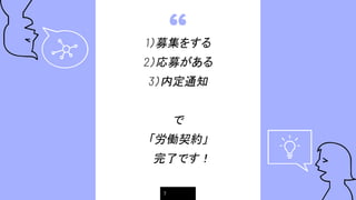 “1）募集をする
2）応募がある
3）内定通知
で
「労働契約」
　完了です！
7
 