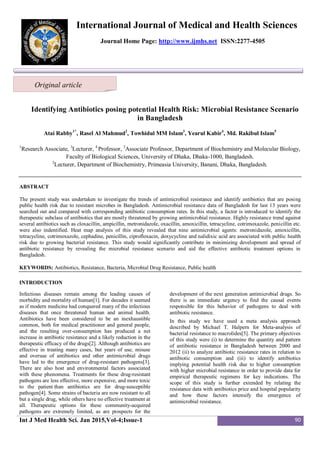 Int J Med Health Sci. Jan 2015,Vol-4;Issue-1 90
International Journal of Medical and Health Sciences
Journal Home Page: http://www.ijmhs.net ISSN:2277-4505
Identifying Antibiotics posing potential Health Risk: Microbial Resistance Scenario
in Bangladesh
Atai Rabby1*
, Rasel Al Mahmud2
, Towhidul MM Islam3
, Yearul Kabir4
, Md. Rakibul Islam5
1
Research Associate, 3
Lecturer, 4
Professor, 5
Associate Professor, Department of Biochemistry and Molecular Biology,
Faculty of Biological Sciences, University of Dhaka, Dhaka-1000, Bangladesh.
2
Lecturer, Department of Biochemistry, Primeasia University, Banani, Dhaka, Bangladesh.
ABSTRACT
The present study was undertaken to investigate the trends of antimicrobial resistance and identify antibiotics that are posing
public health risk due to resistant microbes in Bangladesh. Antimicrobial resistance data of Bangladesh for last 13 years were
searched out and compared with corresponding antibiotic consumption rates. In this study, a factor is introduced to identify the
therapeutic subclass of antibiotics that are mostly threatened by growing antimicrobial resistance. Highly resistance trend against
several antibiotics such as cloxacillin, ampicillin, metronidazole, oxacillin, amoxicillin, tetracycline, cotrimoxazole, penicillin etc.
were also indentified. Heat map analysis of this study revealed that nine antimicrobial agents: metronidazole, amoxicillin,
tetracycline, cotrimoxazole, cephadine, penicillin, ciprofloxacin, doxycycline and nalidixic acid are associated with public health
risk due to growing bacterial resistance. This study would significantly contribute in minimizing development and spread of
antibiotic resistance by revealing the microbial resistance scenario and aid the effective antibiotic treatment options in
Bangladesh.
KEYWORDS: Antibiotics, Resistance, Bacteria, Microbial Drug Resistance, Public health
INTRODUCTION
Infectious diseases remain among the leading causes of
morbidity and mortality of human[1]. For decades it seemed
as if modern medicine had conquered many of the infectious
diseases that once threatened human and animal health.
Antibiotics have been considered to be an inexhaustible
common, both for medical practitioner and general people,
and the resulting over-consumption has produced a net
increase in antibiotic resistance and a likely reduction in the
therapeutic efficacy of the drugs[2]. Although antibiotics are
effective in treating many cases, but years of use, misuse
and overuse of antibiotics and other antimicrobial drugs
have led to the emergence of drug-resistant pathogens[3].
There are also host and environmental factors associated
with these phenomena. Treatments for these drug-resistant
pathogens are less effective, more expensive, and more toxic
to the patient than antibiotics are for drug-susceptible
pathogen[4]. Some strains of bacteria are now resistant to all
but a single drug, while others have no effective treatment at
all. Therapeutic options for these community-acquired
pathogens are extremely limited, as are prospects for the
development of the next generation antimicrobial drugs. So
there is an immediate urgency to find the causal events
responsible for this behavior of pathogens to deal with
antibiotic resistance.
In this study we have used a meta analysis approach
described by Michael T. Halpern for Meta-analysis of
bacterial resistance to macrolides[5]. The primary objectives
of this study were (i) to determine the quantity and pattern
of antibiotic resistance in Bangladesh between 2000 and
2012 (ii) to analyze antibiotic resistance rates in relation to
antibiotic consumption and (iii) to identify antibiotics
implying potential health risk due to higher consumption
with higher microbial resistance in order to provide data for
empirical therapeutic regimens for key indications. The
scope of this study is further extended by relating the
resistance data with antibiotics price and hospital popularity
and how these factors intensify the emergence of
antimicrobial resistance.
Original article
 