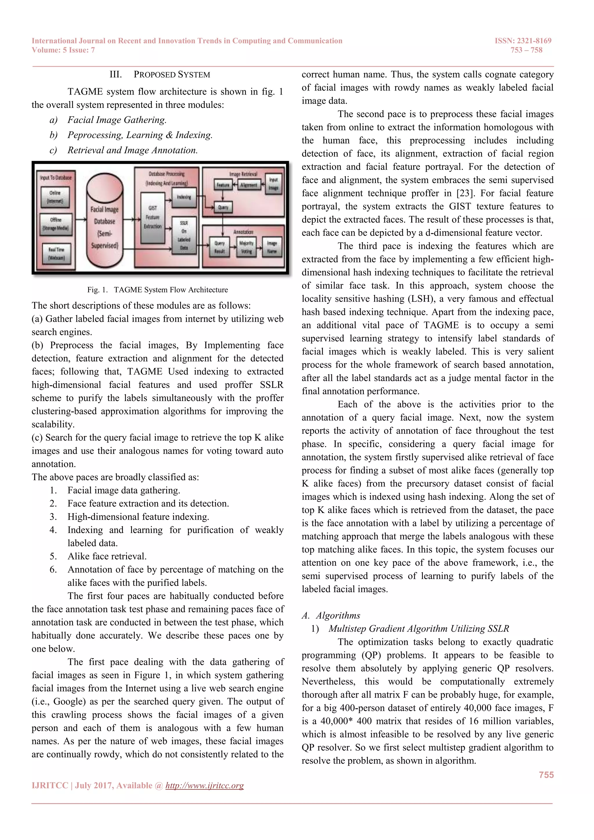 International Journal on Recent and Innovation Trends in Computing and Communication ISSN: 2321-8169
Volume: 5 Issue: 7 753 – 758
_______________________________________________________________________________________________
755
IJRITCC | July 2017, Available @ http://www.ijritcc.org
_______________________________________________________________________________________
III. PROPOSED SYSTEM
TAGME system flow architecture is shown in fig. 1
the overall system represented in three modules:
a) Facial Image Gathering.
b) Peprocessing, Learning & Indexing.
c) Retrieval and Image Annotation.
Fig. 1. TAGME System Flow Architecture
The short descriptions of these modules are as follows:
(a) Gather labeled facial images from internet by utilizing web
search engines.
(b) Preprocess the facial images, By Implementing face
detection, feature extraction and alignment for the detected
faces; following that, TAGME Used indexing to extracted
high-dimensional facial features and used proffer SSLR
scheme to purify the labels simultaneously with the proffer
clustering-based approximation algorithms for improving the
scalability.
(c) Search for the query facial image to retrieve the top K alike
images and use their analogous names for voting toward auto
annotation.
The above paces are broadly classified as:
1. Facial image data gathering.
2. Face feature extraction and its detection.
3. High-dimensional feature indexing.
4. Indexing and learning for purification of weakly
labeled data.
5. Alike face retrieval.
6. Annotation of face by percentage of matching on the
alike faces with the purified labels.
The first four paces are habitually conducted before
the face annotation task test phase and remaining paces face of
annotation task are conducted in between the test phase, which
habitually done accurately. We describe these paces one by
one below.
The first pace dealing with the data gathering of
facial images as seen in Figure 1, in which system gathering
facial images from the Internet using a live web search engine
(i.e., Google) as per the searched query given. The output of
this crawling process shows the facial images of a given
person and each of them is analogous with a few human
names. As per the nature of web images, these facial images
are continually rowdy, which do not consistently related to the
correct human name. Thus, the system calls cognate category
of facial images with rowdy names as weakly labeled facial
image data.
The second pace is to preprocess these facial images
taken from online to extract the information homologous with
the human face, this preprocessing includes including
detection of face, its alignment, extraction of facial region
extraction and facial feature portrayal. For the detection of
face and alignment, the system embraces the semi supervised
face alignment technique proffer in [23]. For facial feature
portrayal, the system extracts the GIST texture features to
depict the extracted faces. The result of these processes is that,
each face can be depicted by a d-dimensional feature vector.
The third pace is indexing the features which are
extracted from the face by implementing a few efficient high-
dimensional hash indexing techniques to facilitate the retrieval
of similar face task. In this approach, system choose the
locality sensitive hashing (LSH), a very famous and effectual
hash based indexing technique. Apart from the indexing pace,
an additional vital pace of TAGME is to occupy a semi
supervised learning strategy to intensify label standards of
facial images which is weakly labeled. This is very salient
process for the whole framework of search based annotation,
after all the label standards act as a judge mental factor in the
final annotation performance.
Each of the above is the activities prior to the
annotation of a query facial image. Next, now the system
reports the activity of annotation of face throughout the test
phase. In specific, considering a query facial image for
annotation, the system firstly supervised alike retrieval of face
process for finding a subset of most alike faces (generally top
K alike faces) from the precursory dataset consist of facial
images which is indexed using hash indexing. Along the set of
top K alike faces which is retrieved from the dataset, the pace
is the face annotation with a label by utilizing a percentage of
matching approach that merge the labels analogous with these
top matching alike faces. In this topic, the system focuses our
attention on one key pace of the above framework, i.e., the
semi supervised process of learning to purify labels of the
labeled facial images.
A. Algorithms
1) Multistep Gradient Algorithm Utilizing SSLR
The optimization tasks belong to exactly quadratic
programming (QP) problems. It appears to be feasible to
resolve them absolutely by applying generic QP resolvers.
Nevertheless, this would be computationally extremely
thorough after all matrix F can be probably huge, for example,
for a big 400-person dataset of entirely 40,000 face images, F
is a 40,000* 400 matrix that resides of 16 million variables,
which is almost infeasible to be resolved by any live generic
QP resolver. So we first select multistep gradient algorithm to
resolve the problem, as shown in algorithm.
 